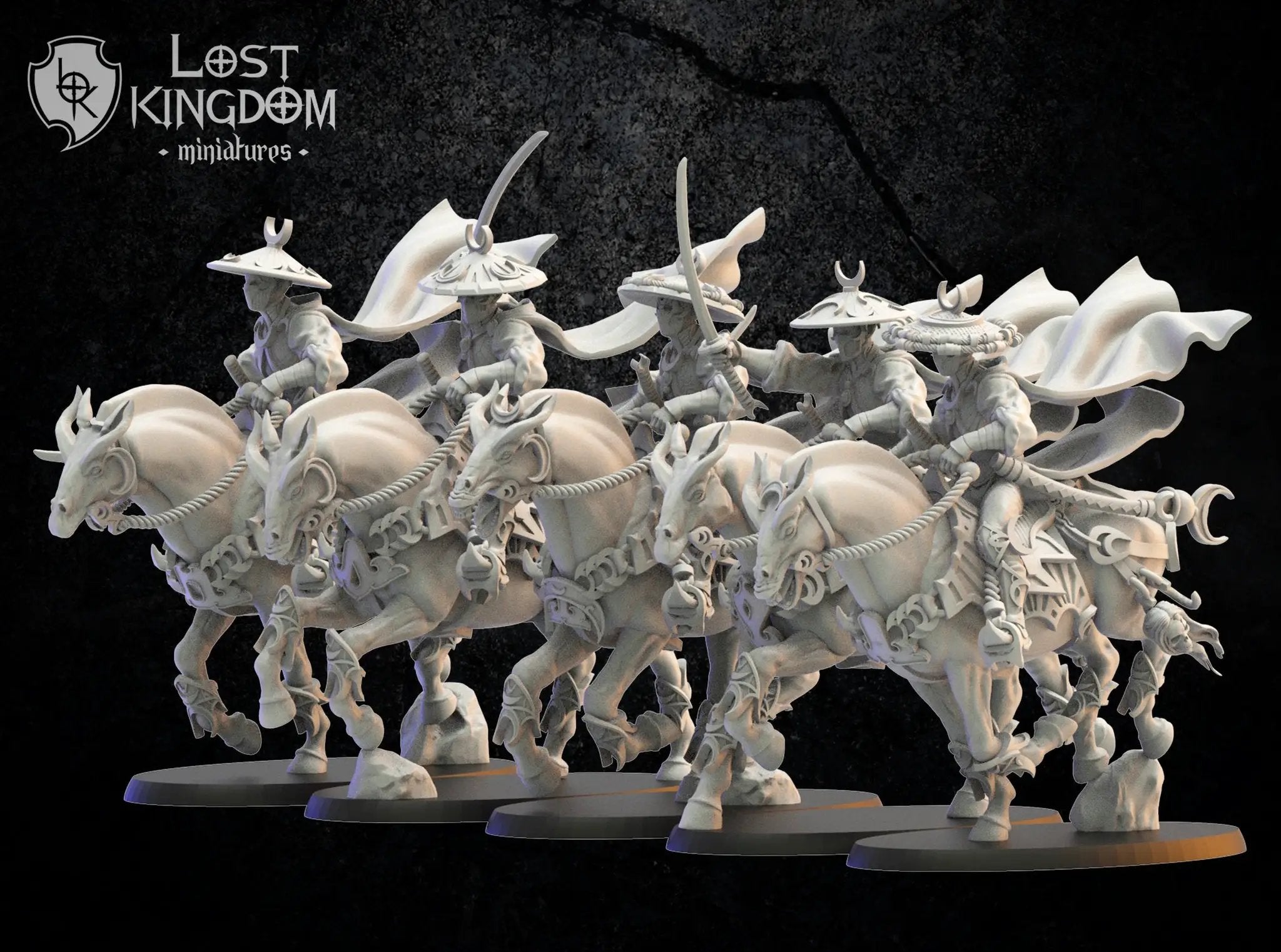 Five 3D printed Night Elf Shadow Knights models by Lost Kingdom Miniatures, assembled and painted with detailed armor and weapons.