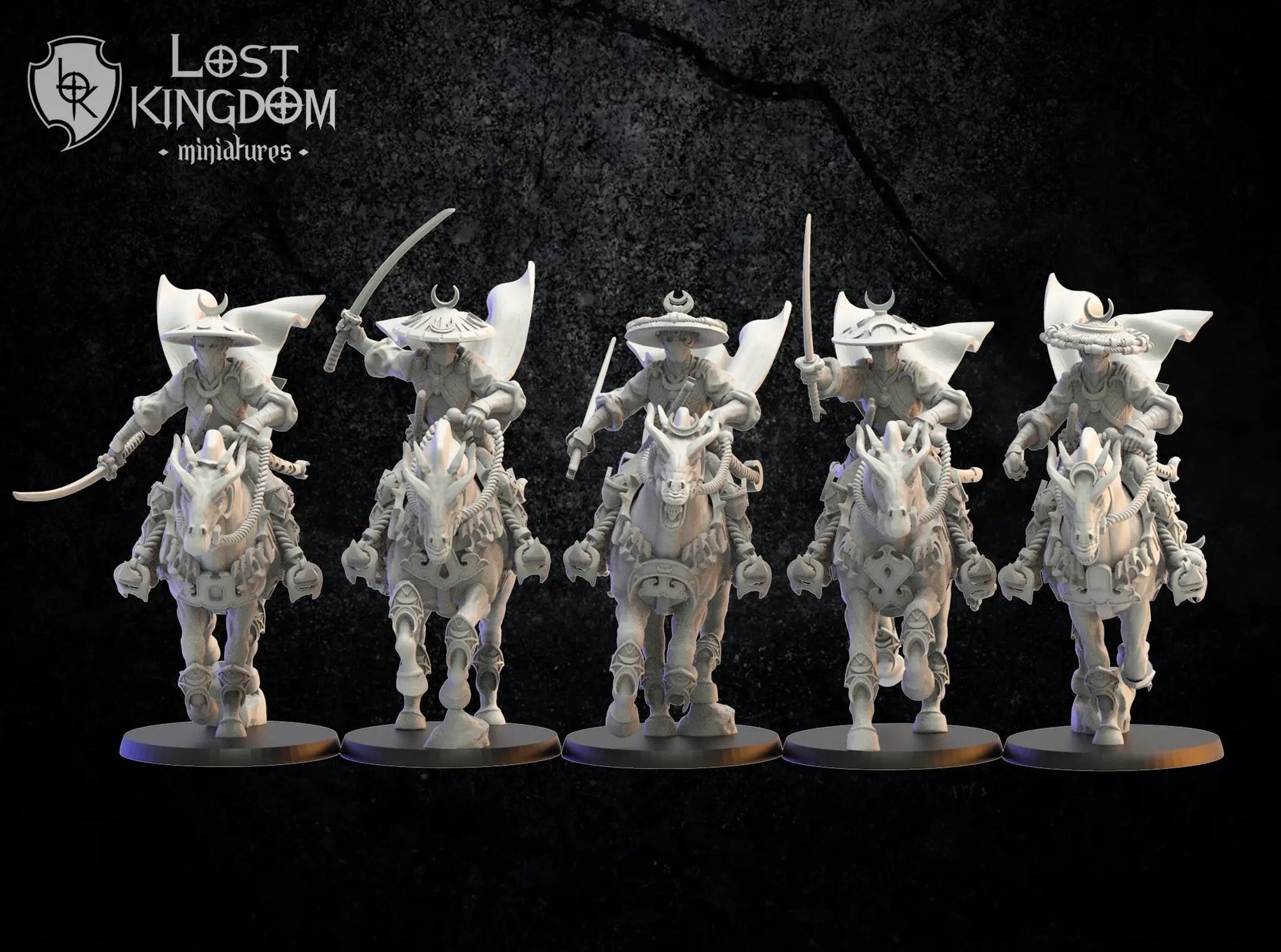 Five 3D printed Night Elf Shadow Knights model figures by Last Hope Miniatures for Lost Kingdom Miniatures.