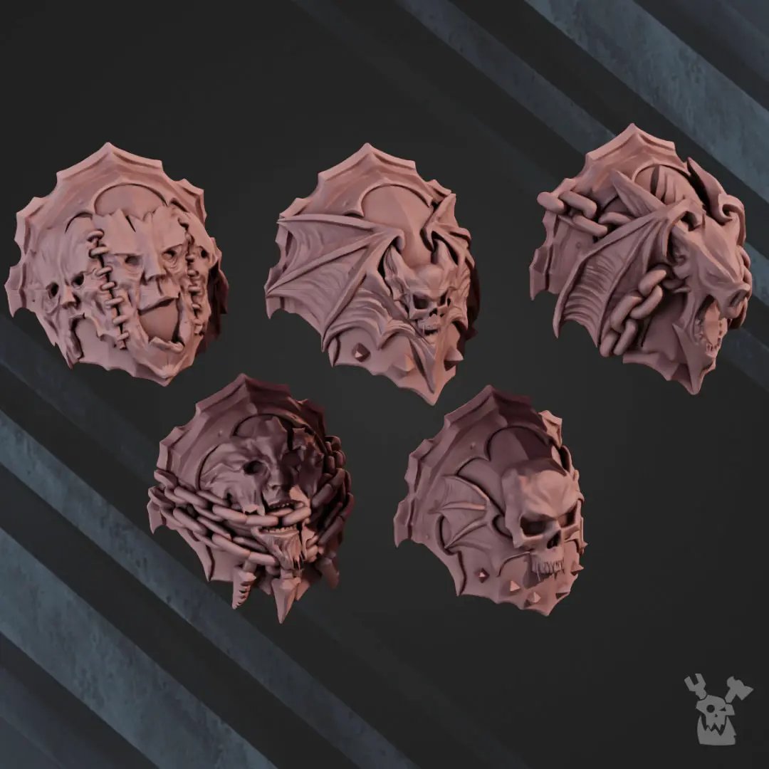 Set of 10 3D printed Nocturnal Shoulder Pads for models by Last Hope Miniatures, featuring detailed dark-themed armor accessories.