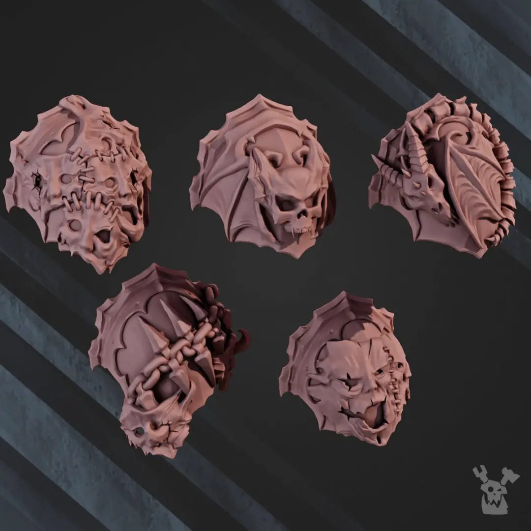 Set of 10 3D printed nocturnal shoulder pad models by Last Hope Miniatures, detailed fantasy-style armor pieces.