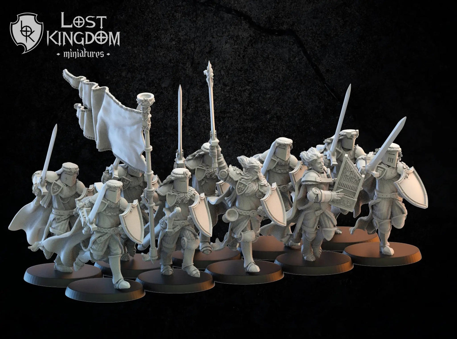 Three-dimensional printed Calix Knights on foot model set by Lost Kingdom Miniatures, featuring detailed knight figures for tabletop gaming.