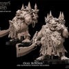 3D printed Ogre Butcher model by Avatars of War, crafted by Last Hope Miniatures, featuring detailed ogre with weapons and armor.