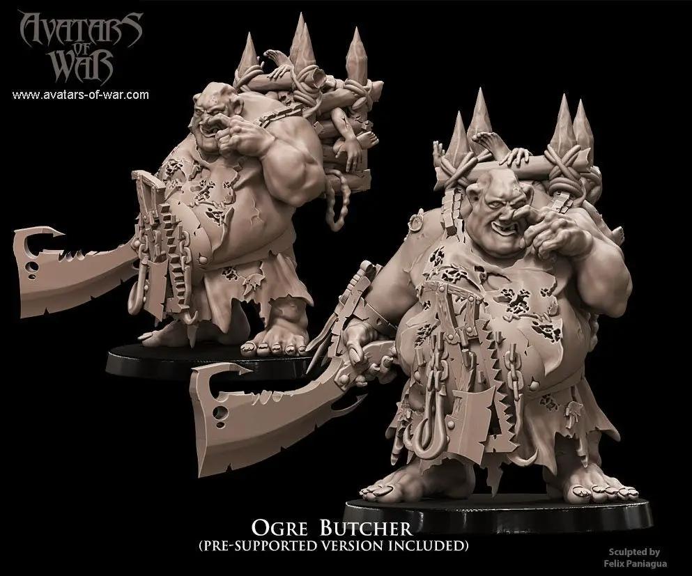 3D printed Ogre Butcher model by Avatars of War, crafted by Last Hope Miniatures, featuring detailed ogre with weapons and armor.