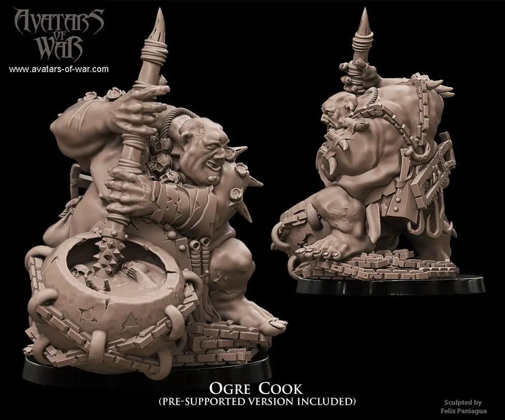 3D printed Ogre Cook model by Last Hope Miniatures, featuring a fierce ogre with cooking tools and armored attire.