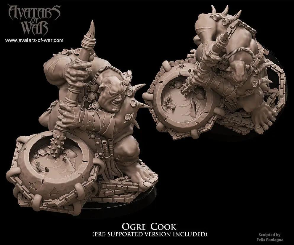 3D printed Ogre Cook model by Last Hope Miniatures for Avatars of War, featuring a detailed orc with cooking tools and armor.