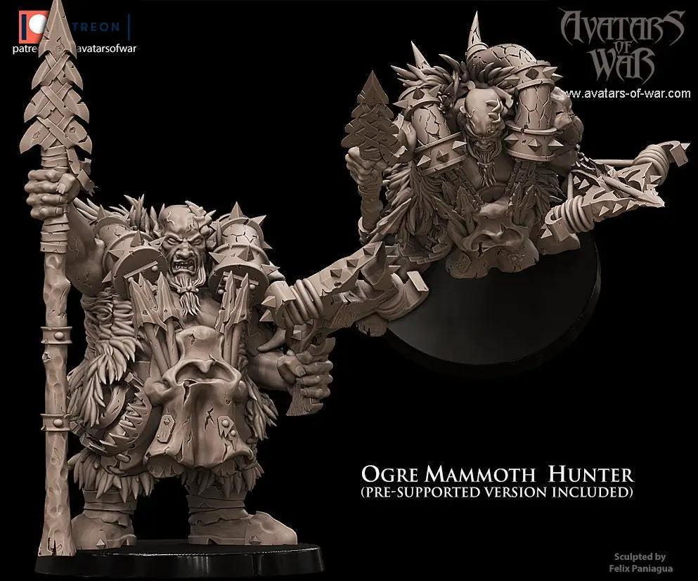 3D printed Ogre Hunter model by Last Hope Miniatures for Avatars of War, featuring detailed orc-like warrior with weapons.
