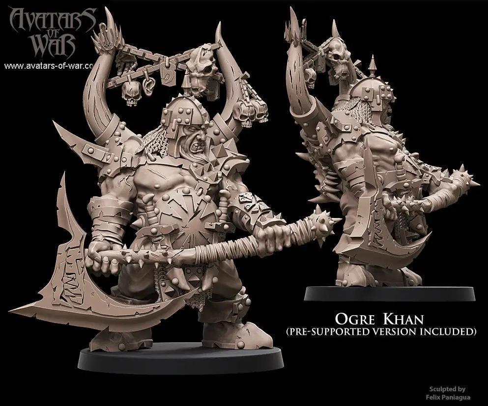 3D printed Ogre Khan model by Avatars of War, detailed miniature from Last Hope Miniatures, showcasing a fierce ogre warrior figure.
