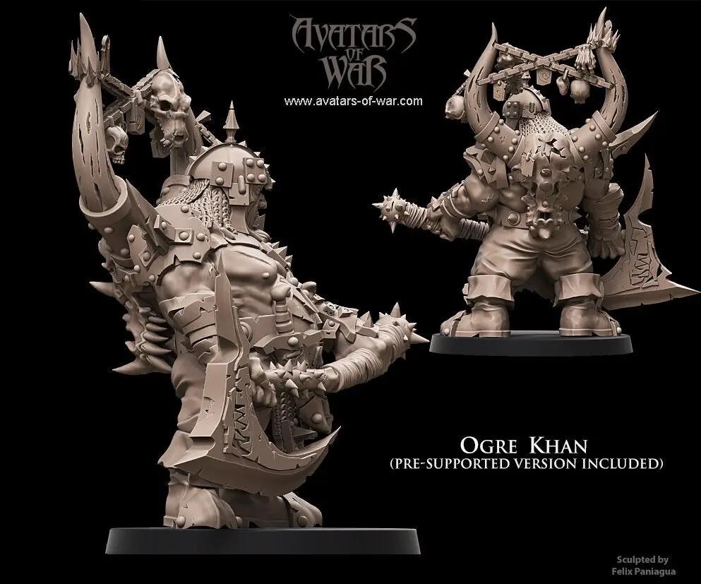 3D printed Ogre Khan model by Avatars of War, detailed miniature figure with intricate armor and fierce expression, from Last Hope Miniatures.