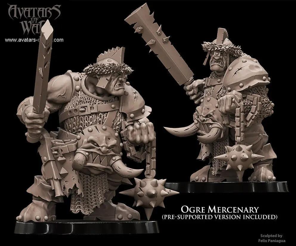 3D printed Ogre Mercenary model by Avatars of War, displayed with detailed armor and fierce stance from Last Hope Miniatures.