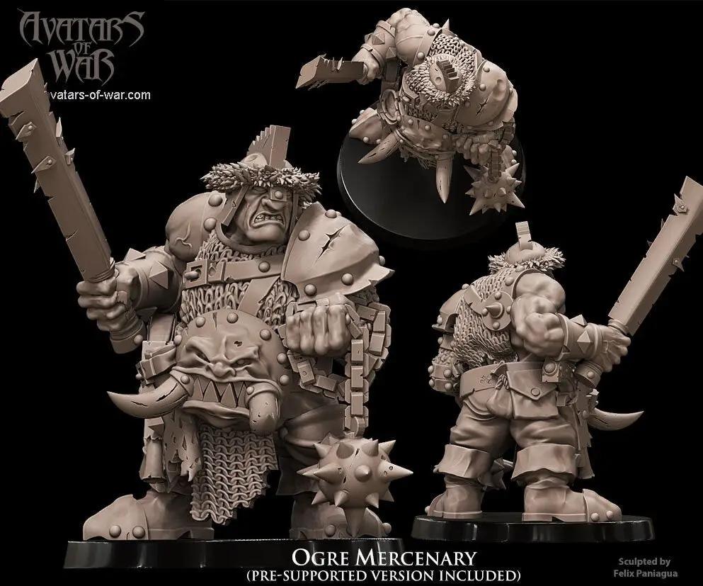 3D printed Ogre Mercenary model by Avatars of War, detailed miniature figure for tabletop gaming, produced by Last Hope Miniatures.