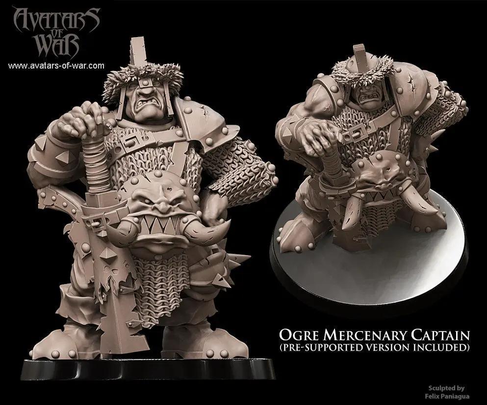 3D printed Ogre Mercenary Captain model by Last Hope Miniatures for Avatars of War, featuring detailed armor and fierce expression.