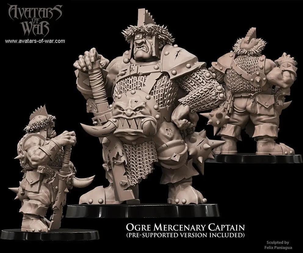 3D printed Ogre Mercenary Captain model by Last Hope Miniatures for Avatars of War, featuring detailed armor and weapon.