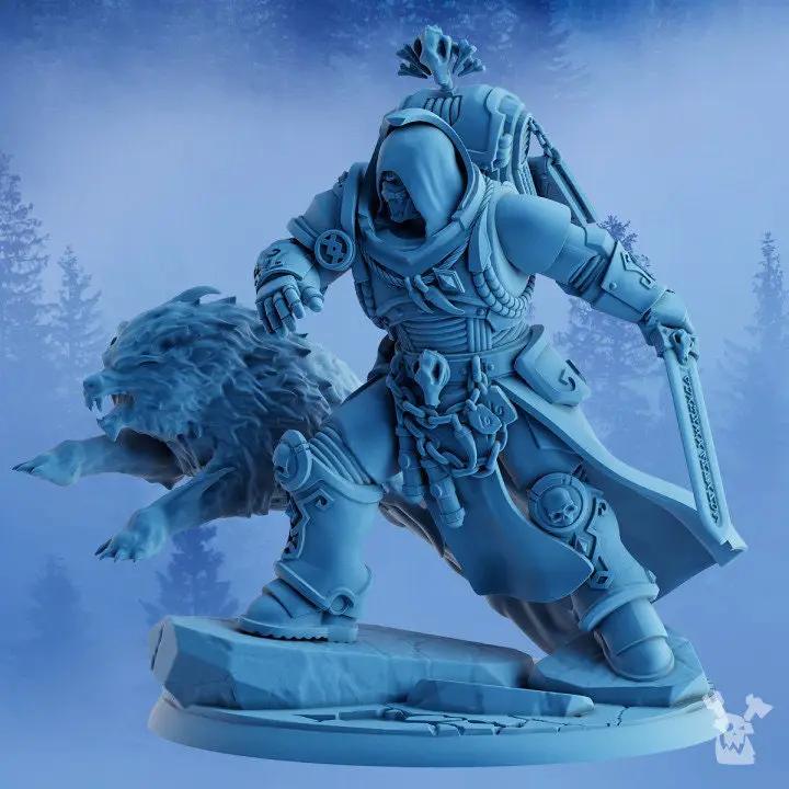 3D printed Ölaf, the White Fang model by DakkaDakka Miniatures, detailed white-furred fantasy creature on a display base.