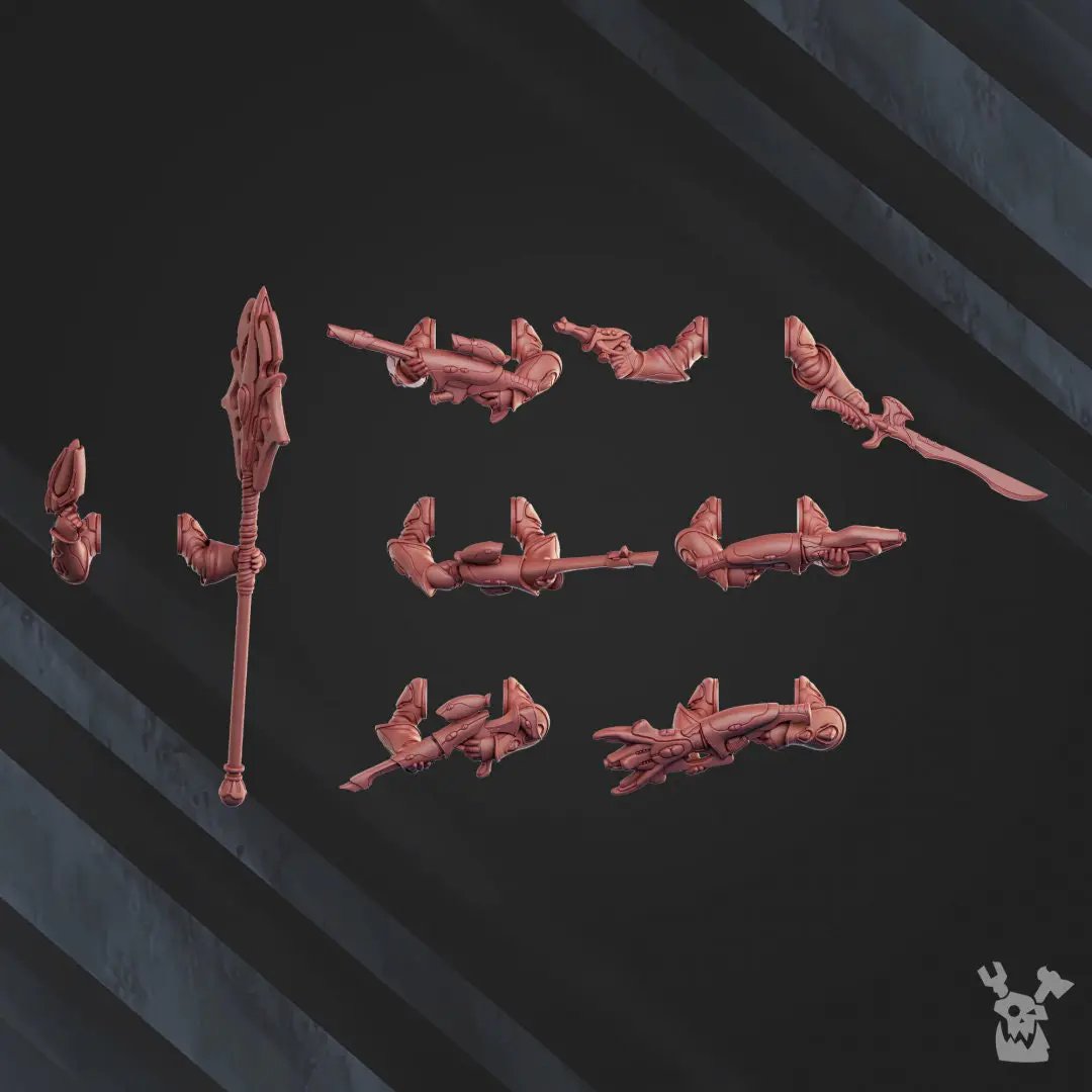 7 3D printed Orbit Guardians Squad models by DakkaDakka Miniatures, designed for tabletop gaming, with detailed sci-fi features.
