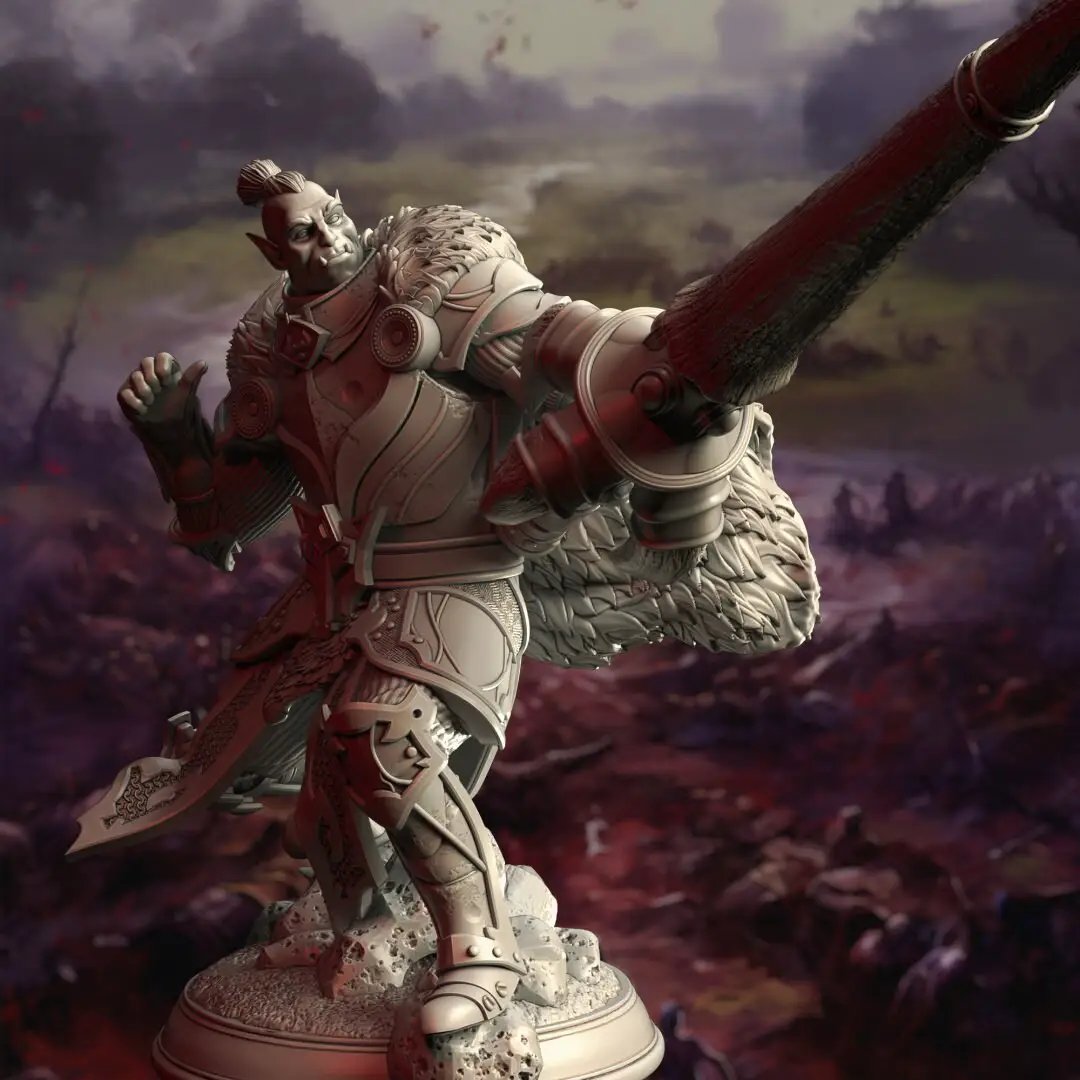 3D printed Orc Grand Knight Lancer model by Last Hope Miniatures, featuring detailed armor and a lance in a dynamic pose.