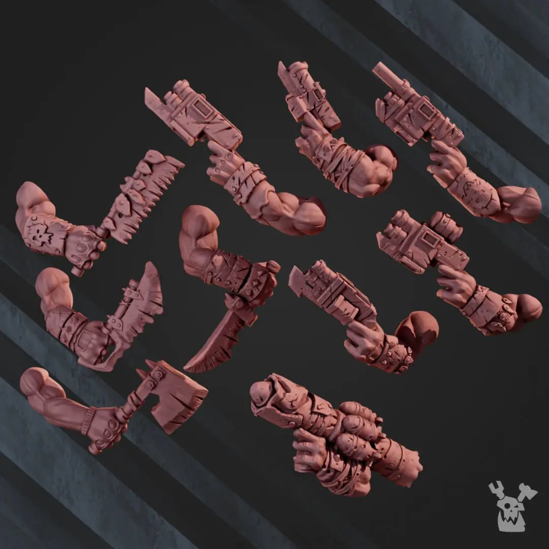Three 3D printed Orc Marauders models from the Last Hope Miniatures DakkaDakka assembly kit, detailed orc warrior models for tabletop gaming.