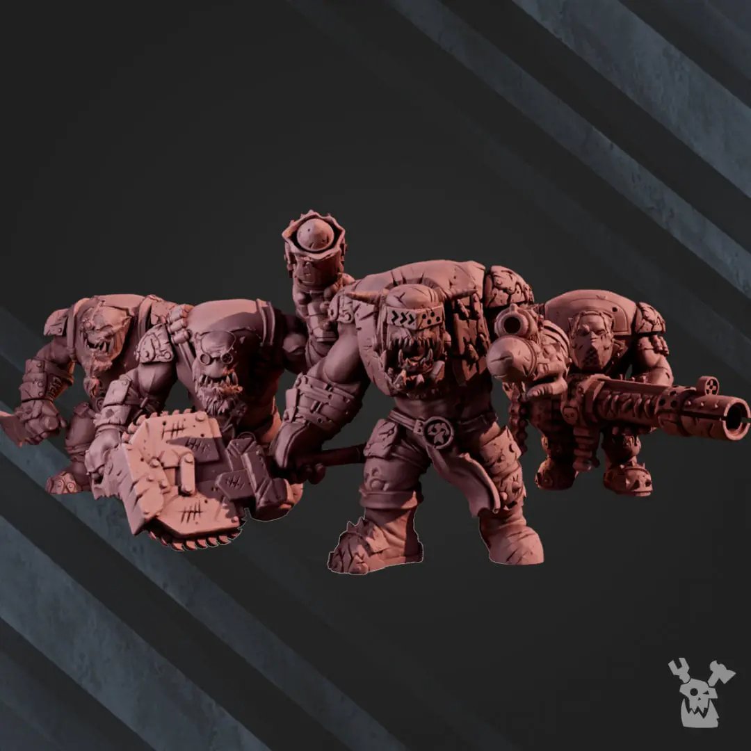 Set of five 3D printed Orc Marauders models from DakkaDakka Miniatures, assembled with detailed armor and weaponry.