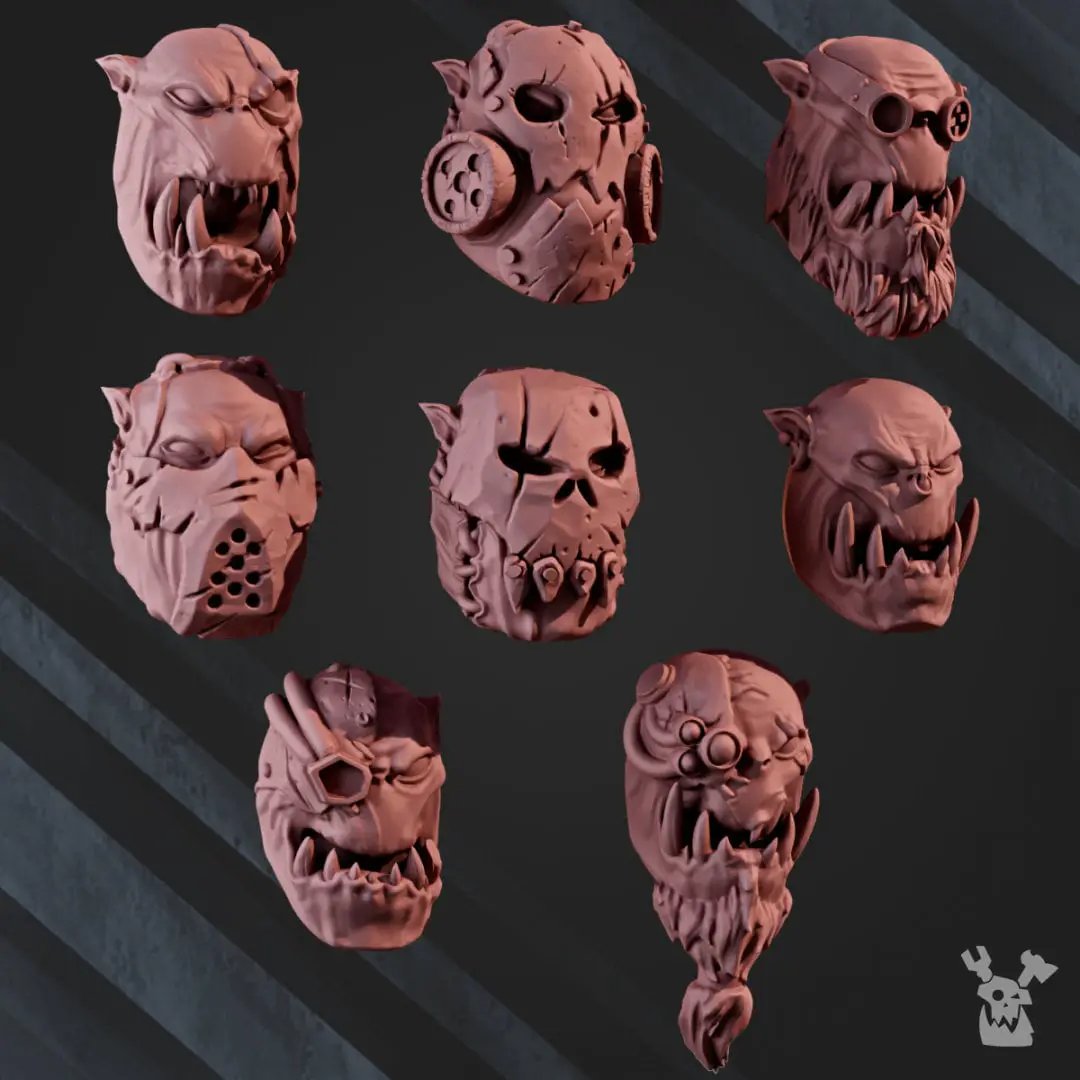 Group of five 3D printed Orc Marauders models by Last Hope Miniatures, assembled with detailed armor and weapons.