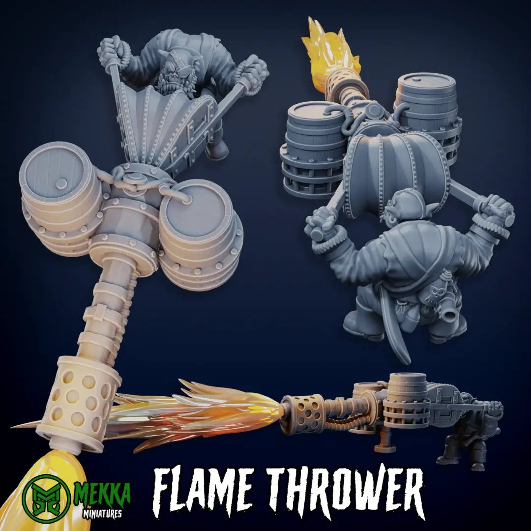 3D printed orc pirate model holding a flame thrower by Last Hope Miniatures, detailed orc figure with fiery weapon.
