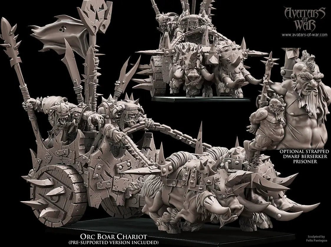 3D printed Orc War Chariot model by Last Hope Miniatures for Avatars of War, featuring detailed orc figures and chariot design.