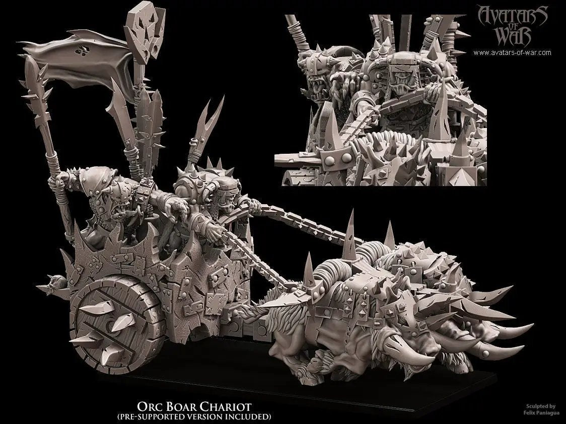 3D printed Orc War Chariot model by Last Hope Miniatures, featuring detailed orc figures and intricate chariot design.