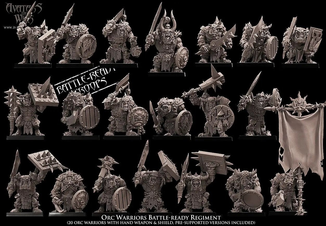 20 3D printed Orc Warrior models by Last Hope Miniatures from Avatars of War, detailed fantasy tabletop gaming miniatures.