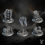 3D printed Order of Repentance objective markers by DakkaDakka Miniatures, designed by Last Hope Miniatures, shown on display.