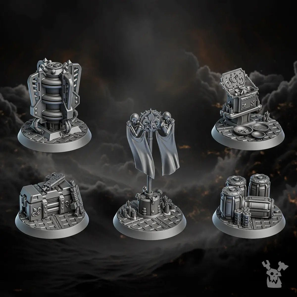 3D printed Order of Repentance objective markers by DakkaDakka Miniatures, designed by Last Hope Miniatures, shown on display.