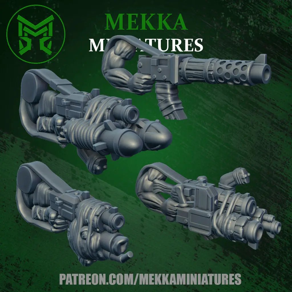 Four 3D-printed Ork Big Guns models by Last Hope Miniatures for Mekka Miniatures, detailed green orc weapon models.