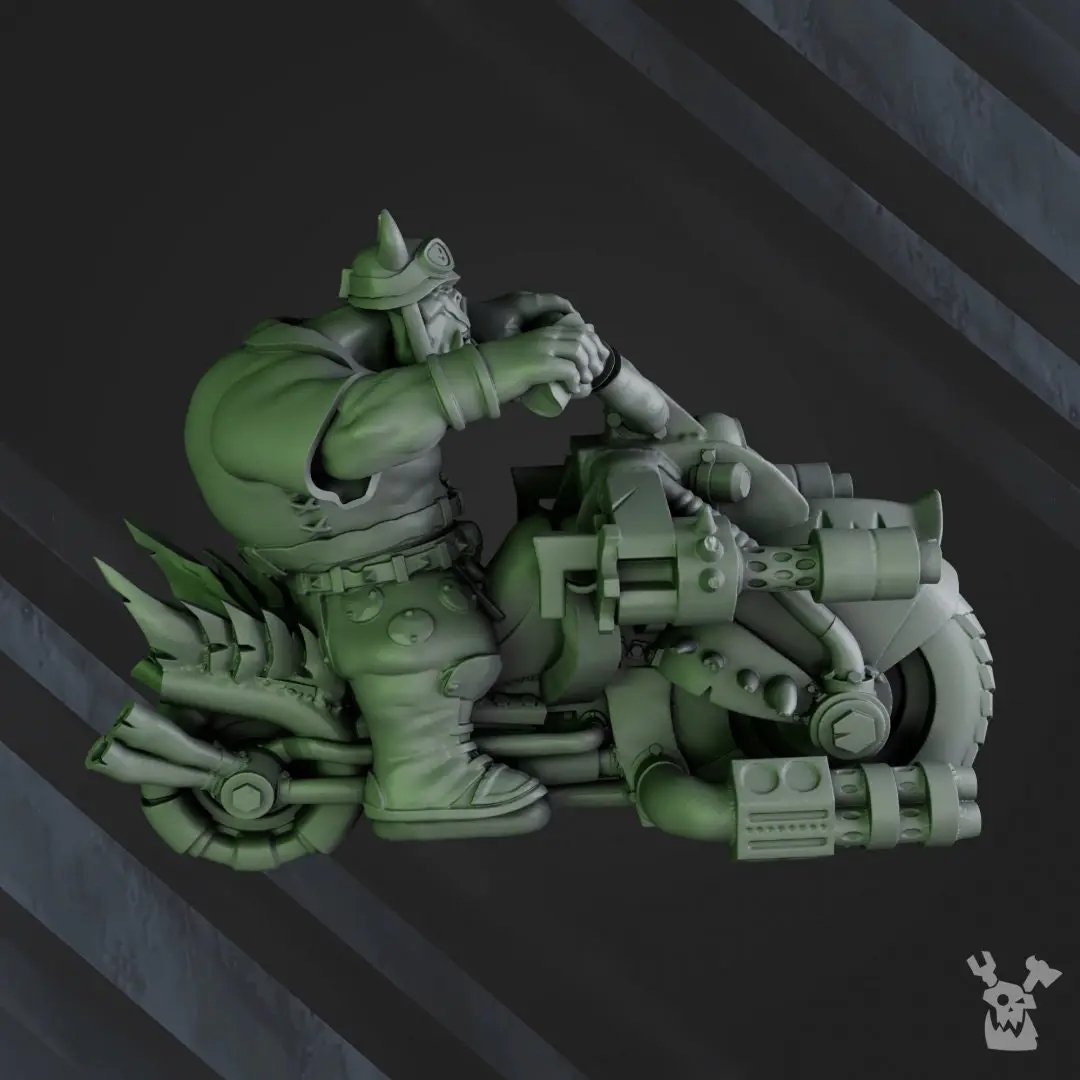 3D printed Ork Biker Boyz model by DakkaDakka Miniatures, detailed green Orks on bikes, last hope Miniatures product.