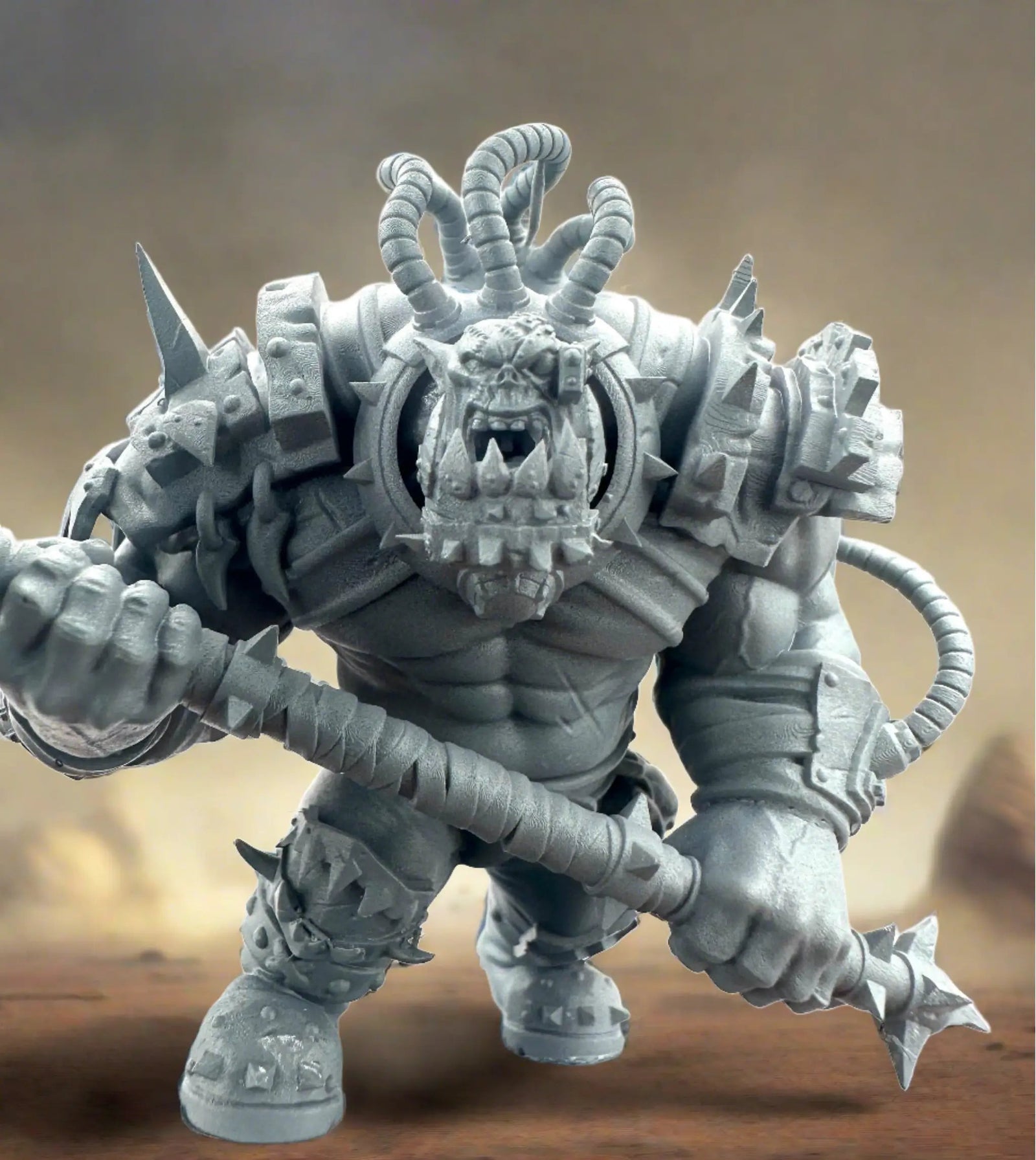 3D printed Ork Brute Warboss model by Meshbrain Labs for Last Hope Miniatures, featuring detailed Ork Warboss with armor and weaponry.