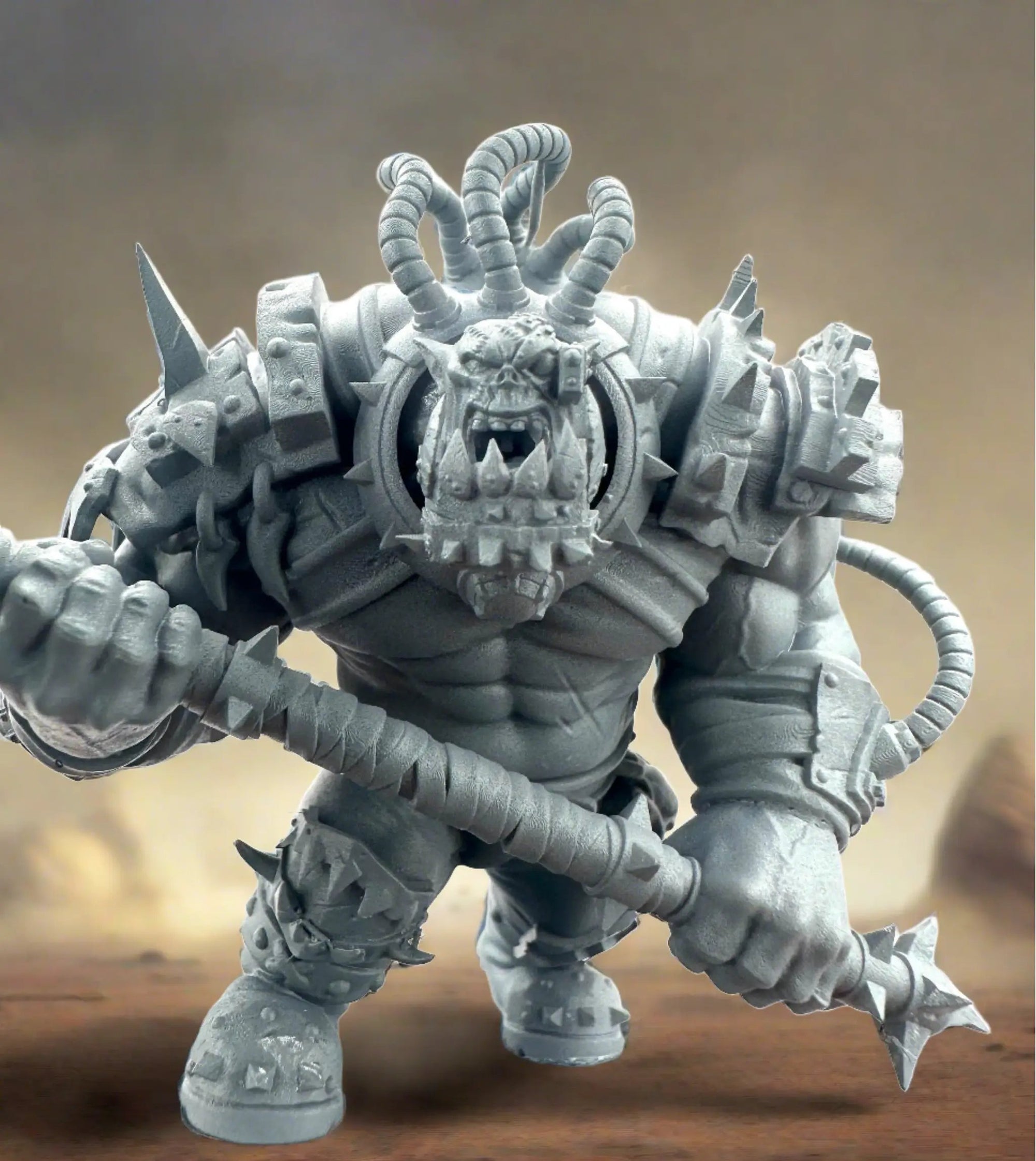 3D printed Ork Brute Warboss model by Meshbrain Labs for Last Hope Miniatures, featuring detailed Ork Warboss with armor and weaponry.
