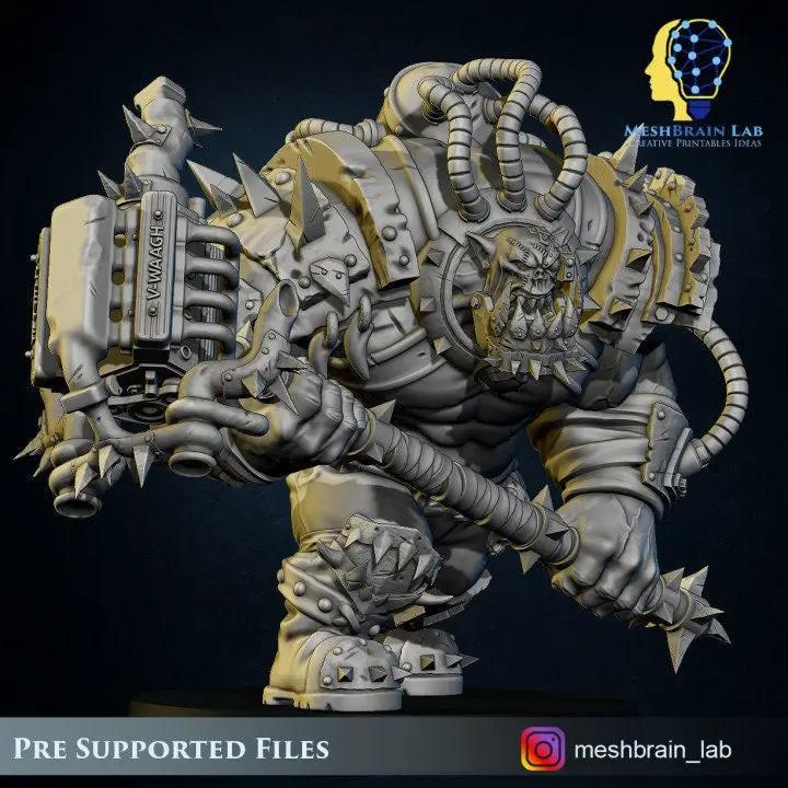 3D printed Ork Brute Warboss model by Meshbrain Labs for Last Hope Miniatures, detailed fantasy tabletop gaming figure.