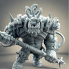 3D printed Ork Brute Warboss model by Meshbrain Labs Miniatures, detailed miniature figure with intricate armor and weaponry.