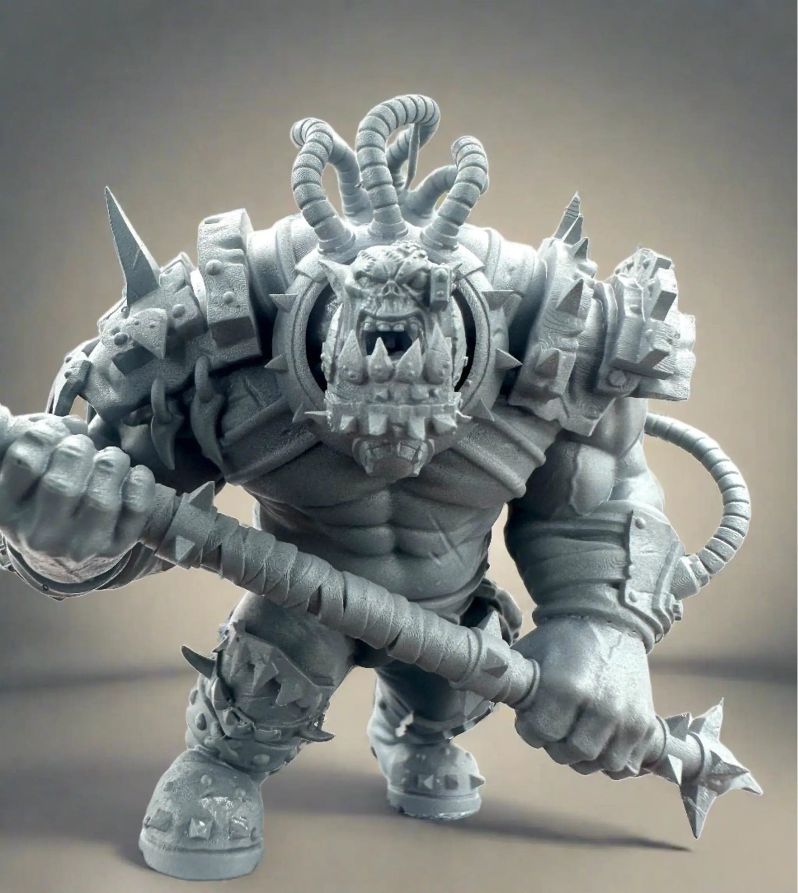 3D printed Ork Brute Warboss model by Meshbrain Labs Miniatures, detailed miniature figure with intricate armor and weaponry.