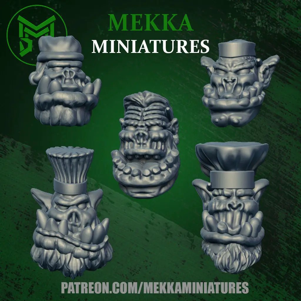 Set of 10 3D printed Ork Chef head models by Last Hope Miniatures, detailed miniature figures for tabletop gaming.