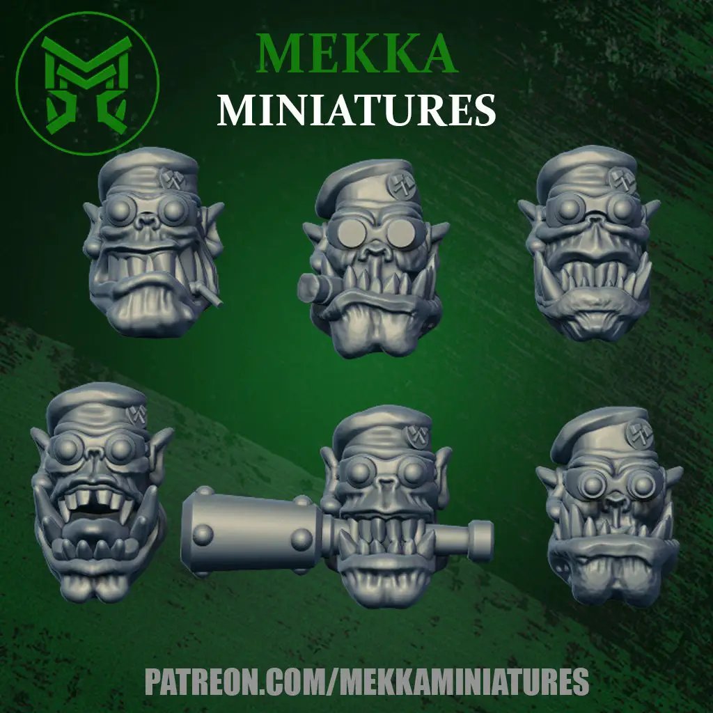 12 3D-printed Ork Commando heads by Last Hope Miniatures for Mekka Miniatures, detailed model heads for tabletop gaming.