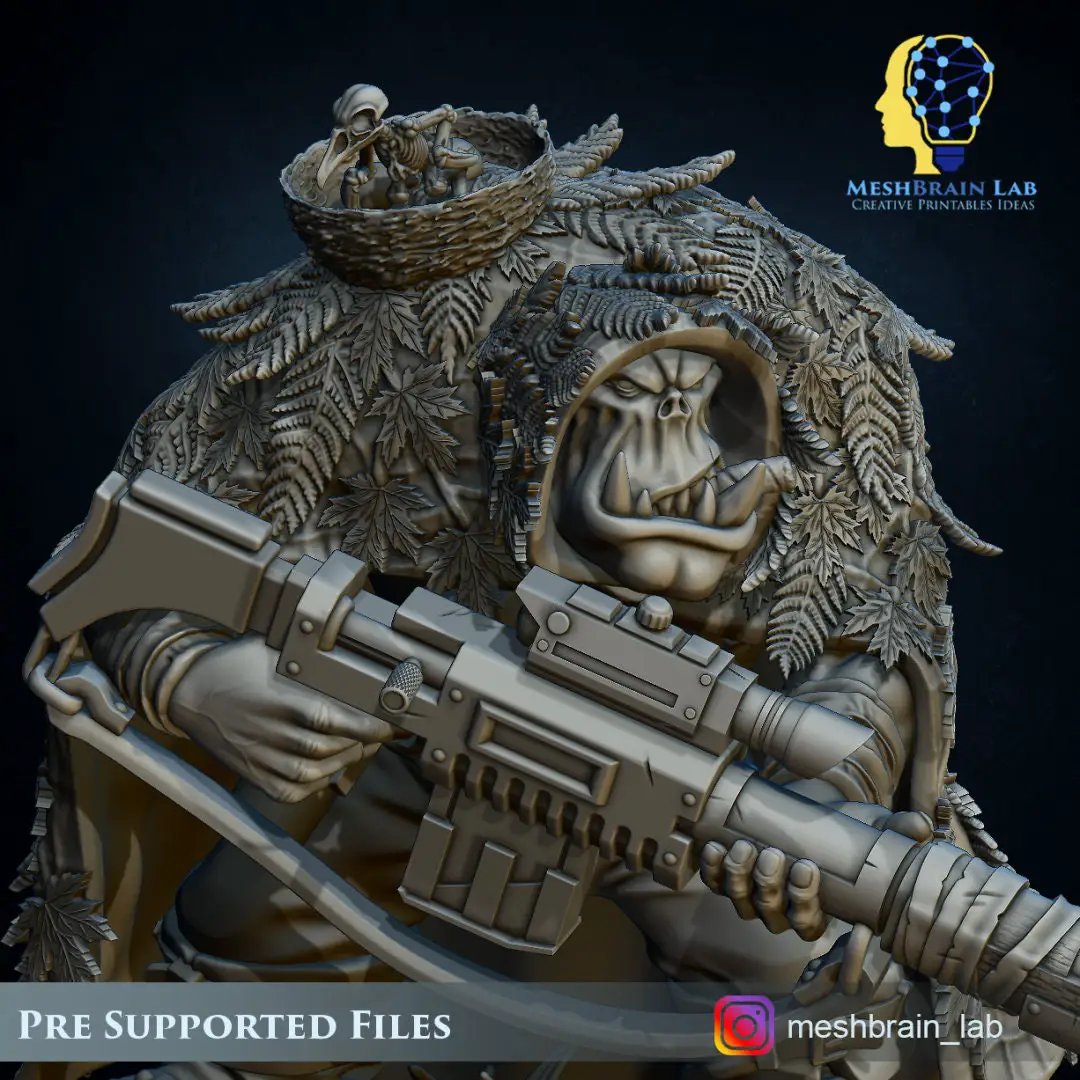 3D printed Ork Commando Sniper model by Meshbrain Labs Miniatures, detailed miniature figure for tabletop gaming.