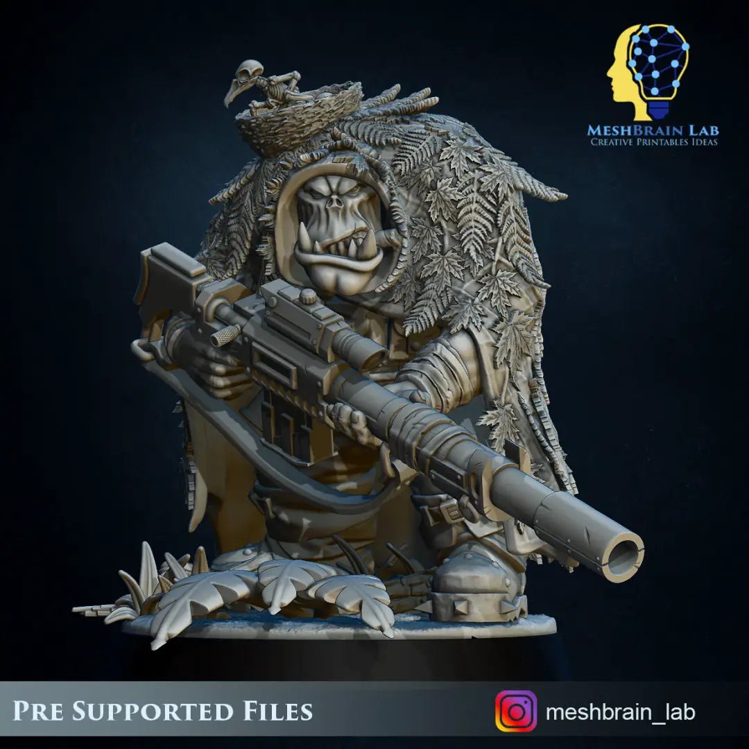 3D printed Ork Commando Sniper model by Meshbrain Labs Miniatures, detailed miniature figure from Last Hope Miniatures collection