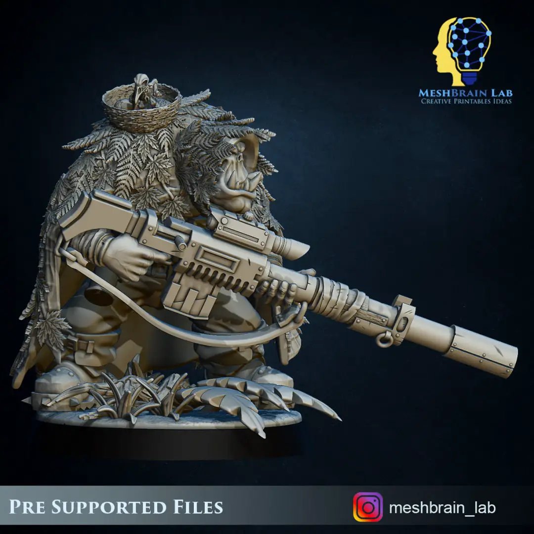 3D printed Ork Commando Sniper model by Meshbrain Labs for Last Hope Miniatures, showcasing detailed miniature figure.