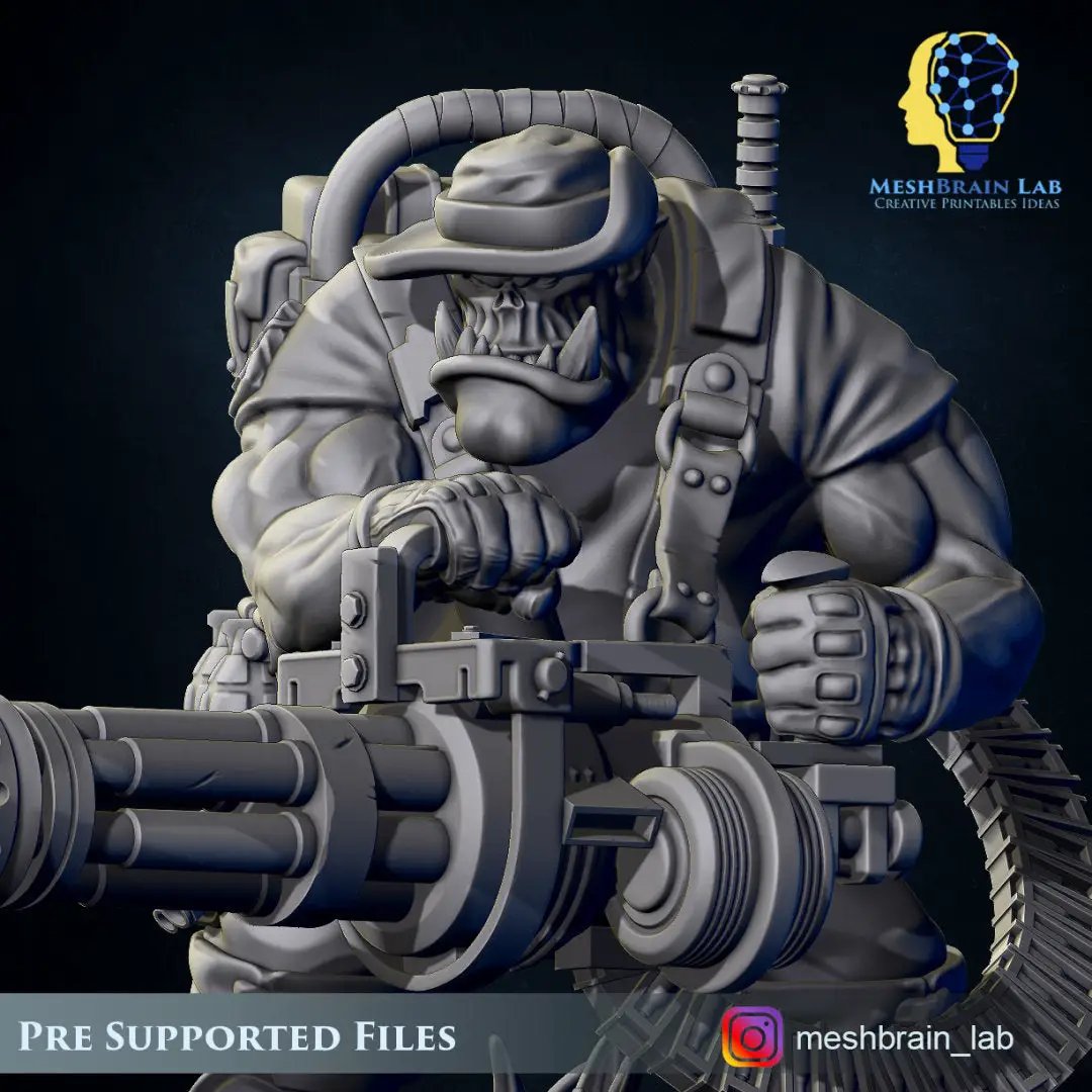 3D printed Ork Commando model with minigun by Meshbrain Labs Miniatures, detailed fantasy figure for tabletop gaming.