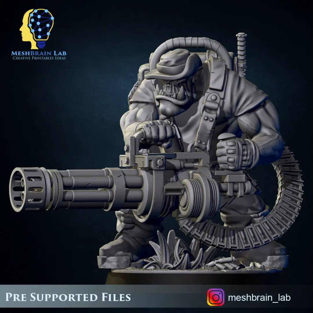 3D printed Ork Commando model with minigun by Meshbrain Labs Miniatures, detailed green orc figure in combat gear.