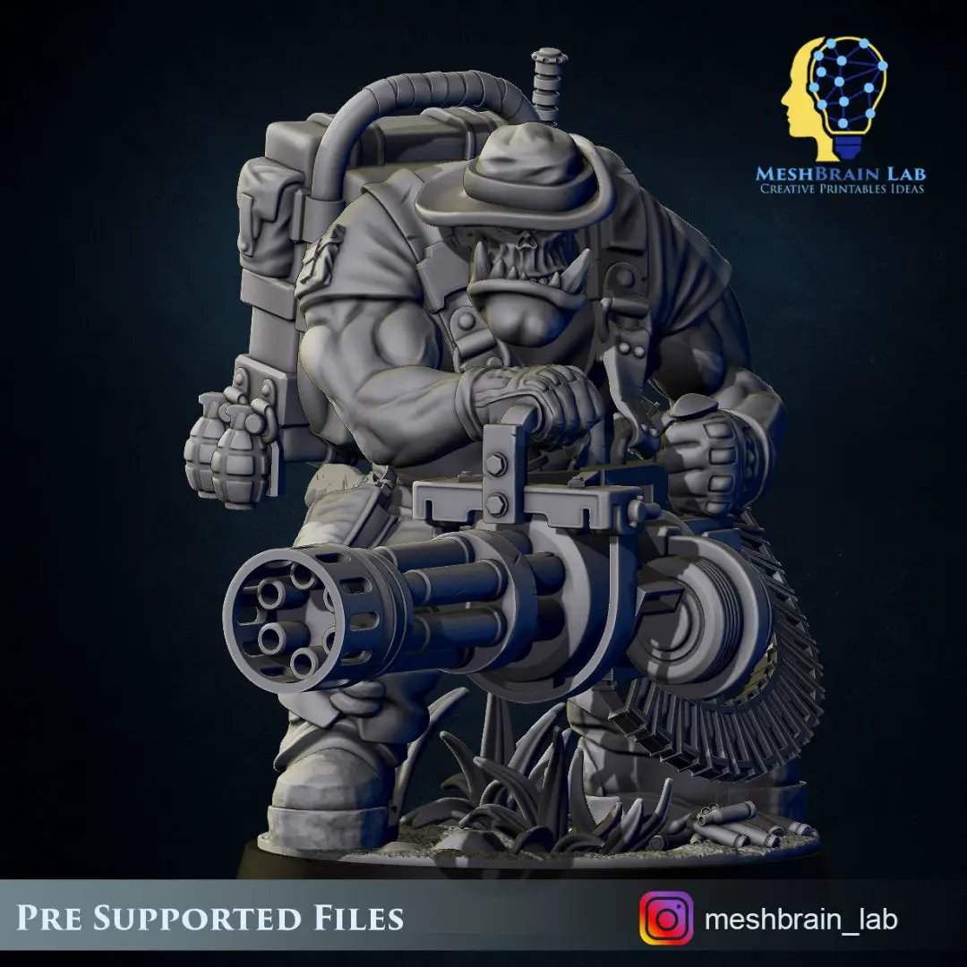3D printed Ork Commando model with minigun by Meshbrain Labs Miniatures, detailed miniature figure for tabletop gaming.