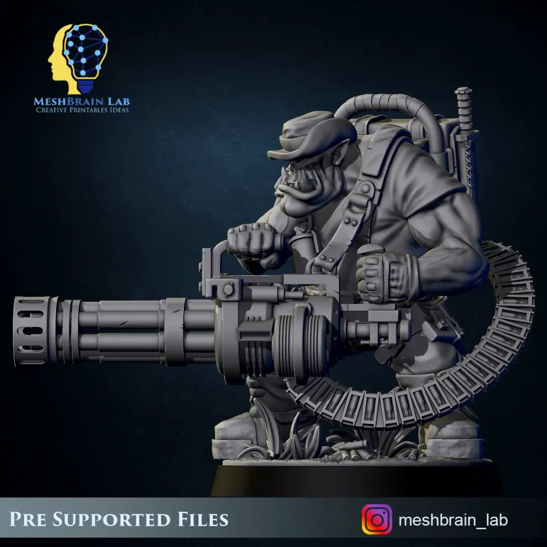 3D printed Ork Commando model with minigun by Meshbrain Labs Miniatures, detailed miniature figure for tabletop gaming.