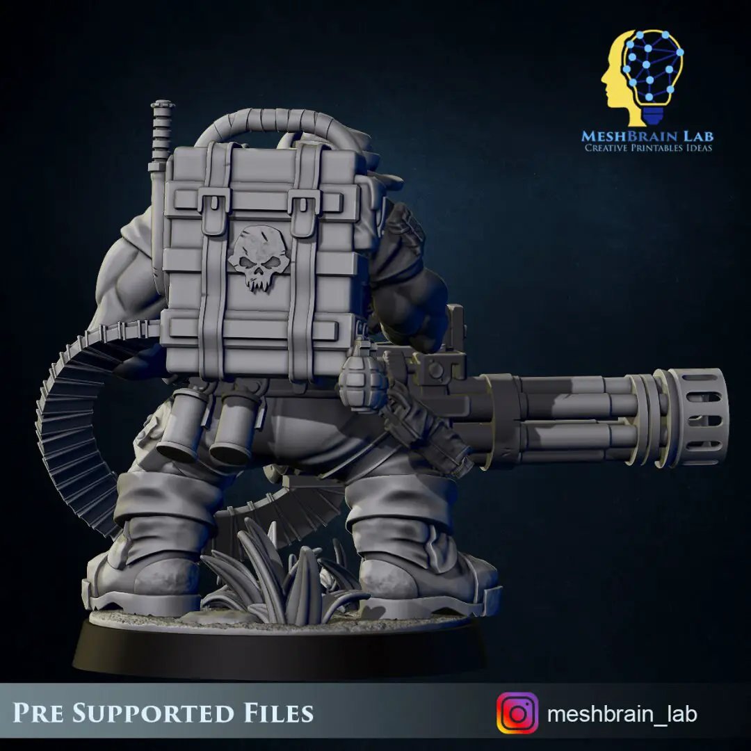 3D printed Ork Commando model with minigun by Meshbrain Labs Miniatures, detailed orc figure in combat pose, from Last Hope Miniatures.
