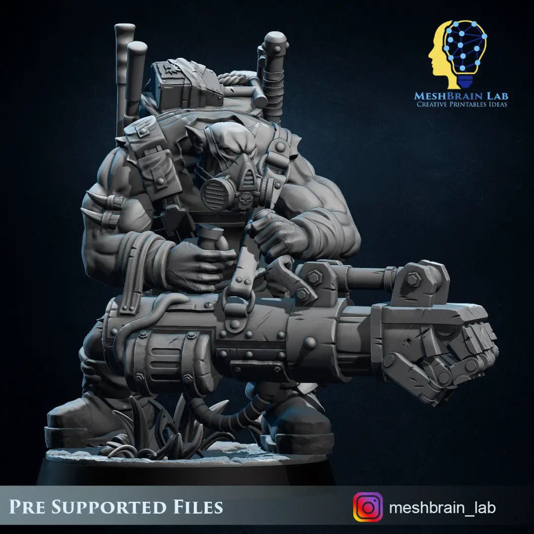 3D printed Ork Commando Zappa model by Last Hope Miniatures, designed by Meshbrain Labs Miniatures, featuring detailed orc warrior with Zappa weapon.
