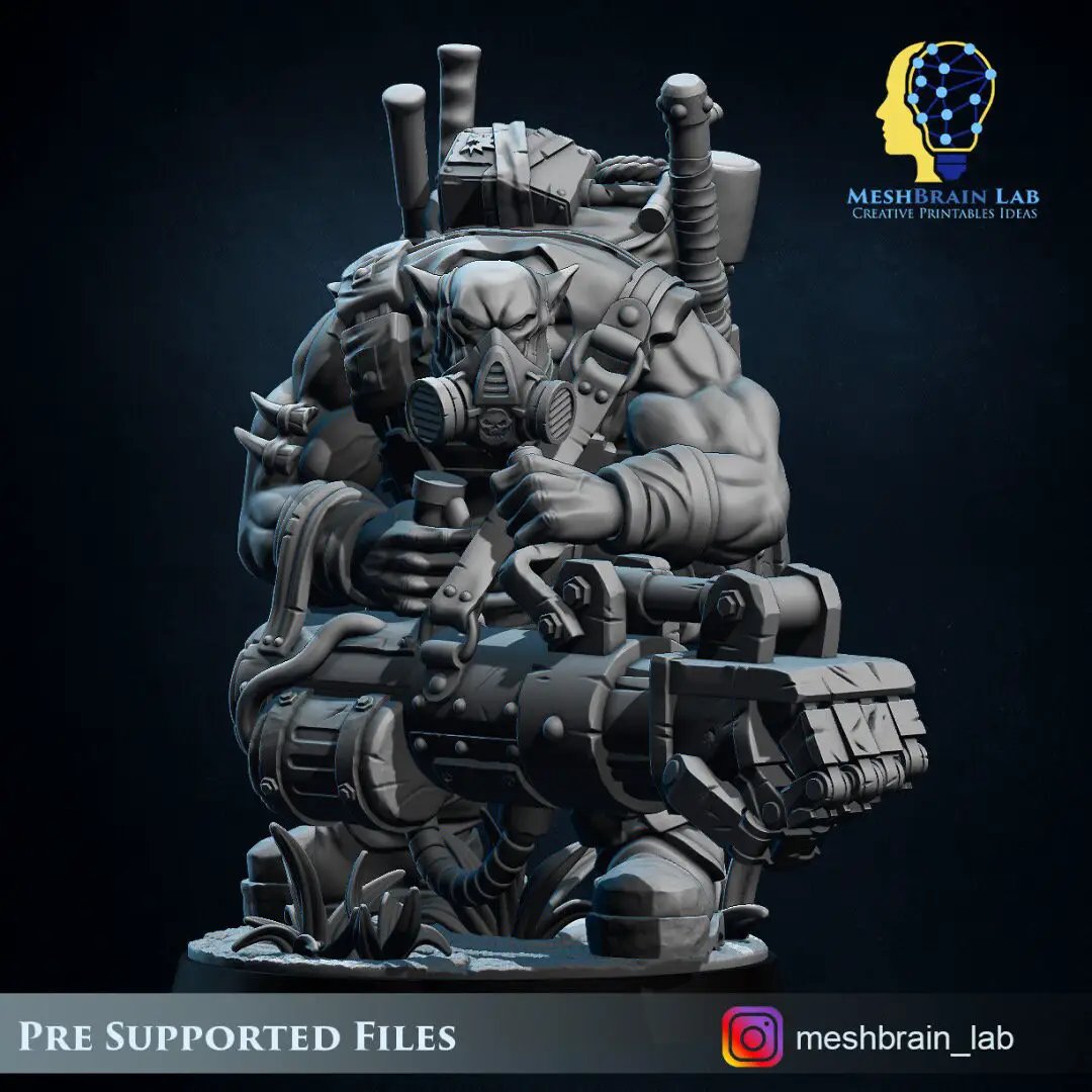 3D printed Ork Commando Zappa model by Meshbrain Labs, designed for Last Hope Miniatures, featuring detailed miniature orc figure.
