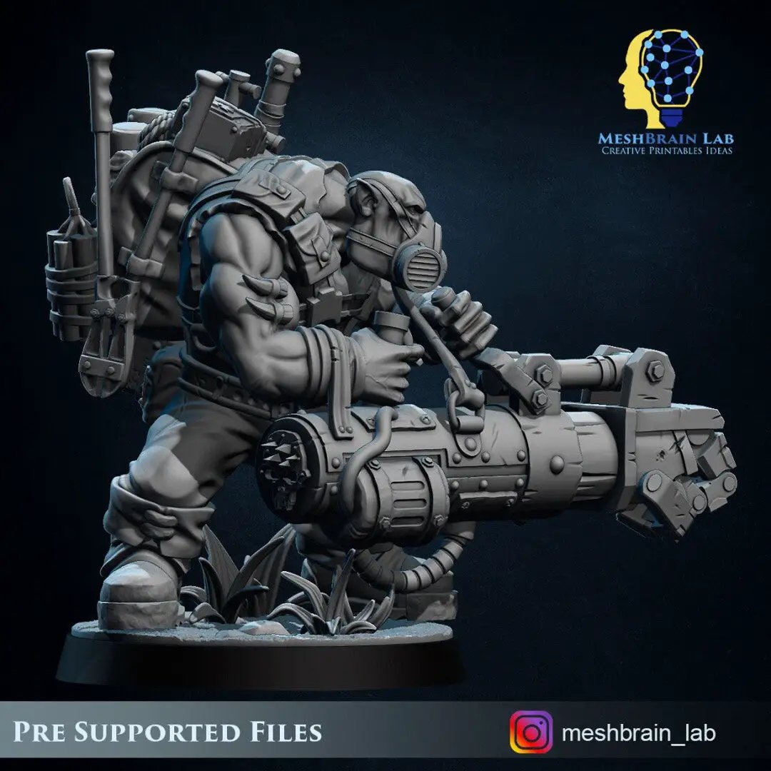 3D printed Ork Commando Zappa miniature by Meshbrain Labs, detailed model from Last Hope Miniatures, showcasing green ork figure with weapon