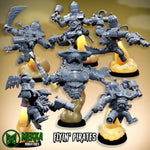 Six 3D printed Ork flying pirate models by Mekka Miniatures, detailed Last Hope Miniatures orc pirate set on a white background.
