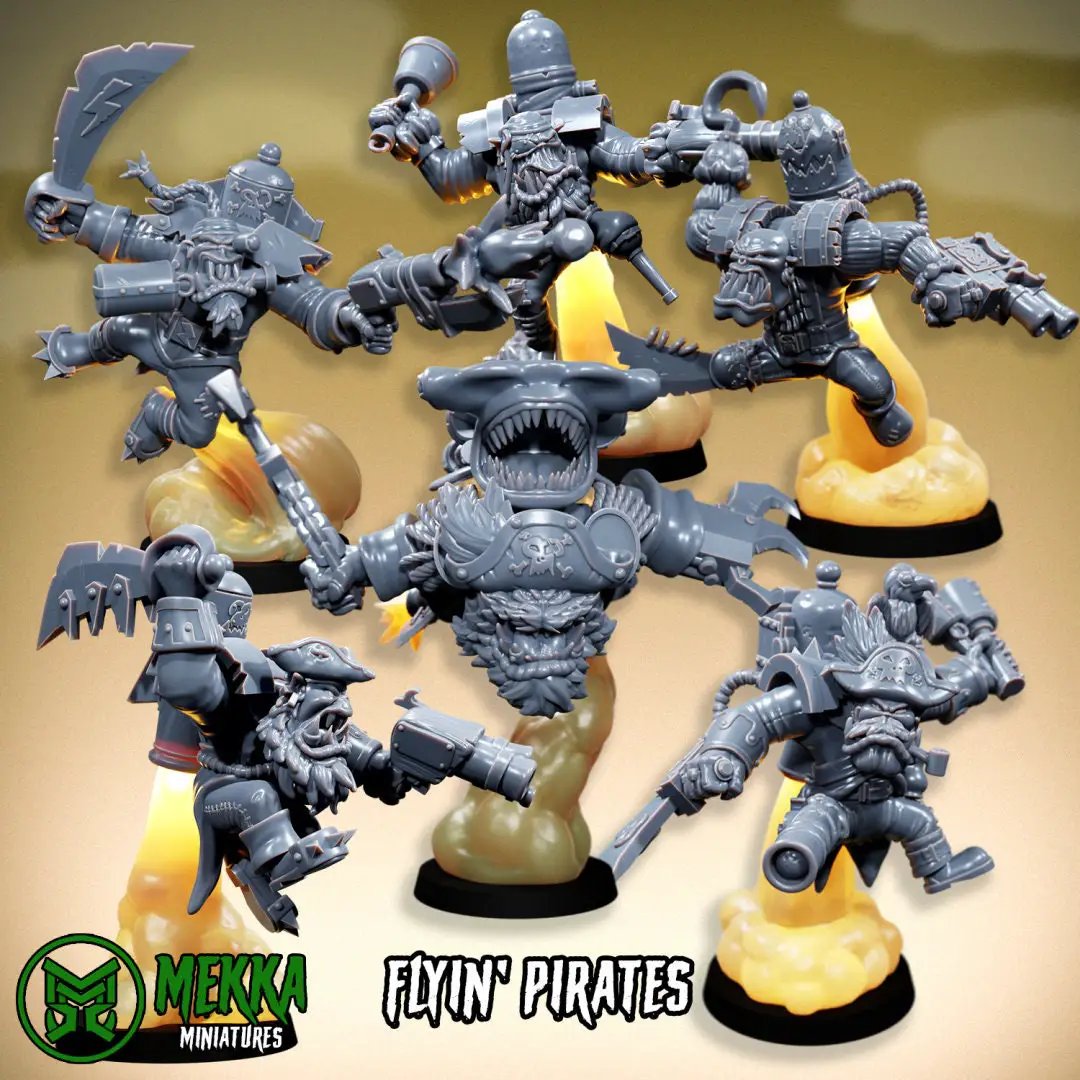 Six 3D printed Ork flying pirate models by Mekka Miniatures, detailed Last Hope Miniatures orc pirate set on a white background.